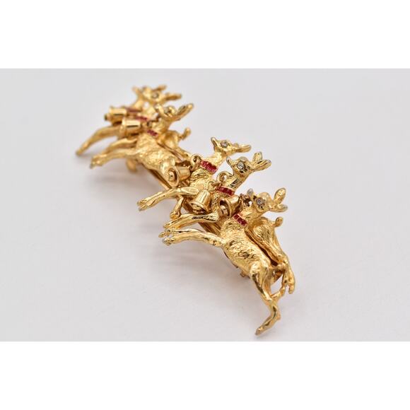 Vintage Christmas Hair Clip Reindeer Gold Red Enamel Bells Dangle Holiday 1980s main image 10